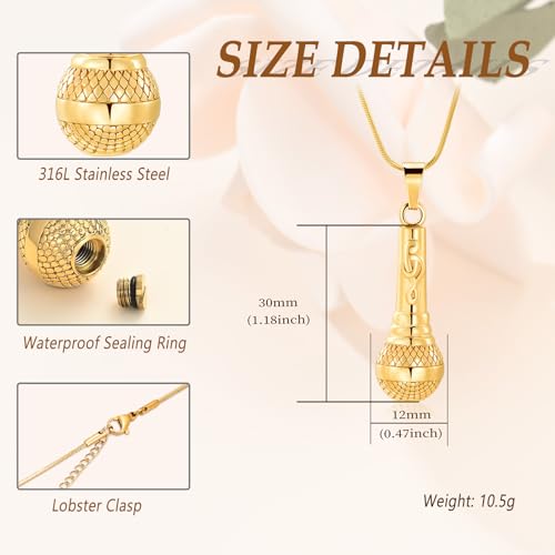 Microphone Cremation Jewelry for Ashes - Memorial Urn Necklace Ashes Holder Stainless Steel Keepsake Pendant Jewelry for Music Lover Gold