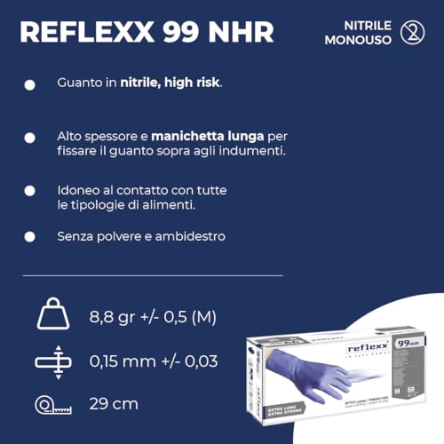 Reflexx R99/L Hi-Risk Gloves Nitrile Powder Free Gloves Size 8.9, Size L, 50 Pieces, Blue