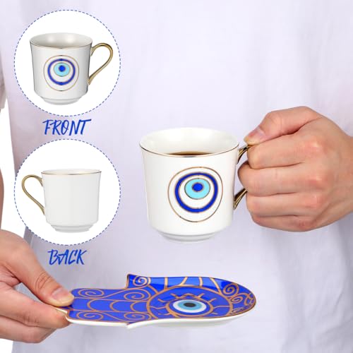 Zerodeko Evil Eye Cup with Saucer 2-pack Porcelain Tea Mug Set Microwave and Dishwasher Safe Anti-Scald Handle 4.13 X 5.90 X 2.95 in for Home Office Tea Coffee Milk