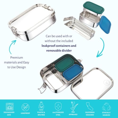 Leakproof Stainless Steel Lunch Box | Large 1400mL Bento Box with 2 Snack Containers & Removable Divider | Dishwasher Safe | Non-Toxic