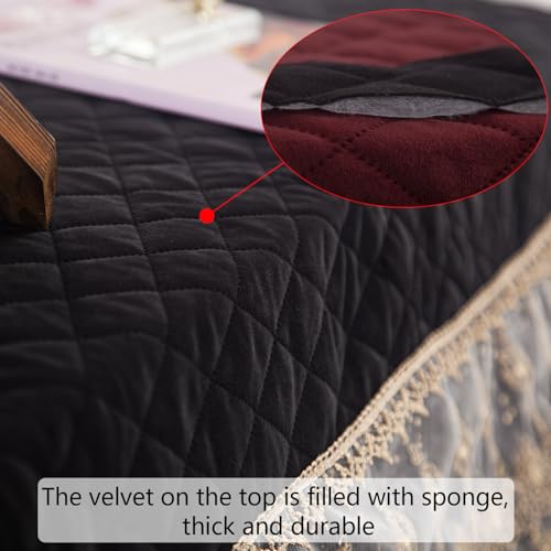 Luxury Velvet Piano Cover for Upright Pianos, Black with Gold Stars and Lace Trim, Quilted Top