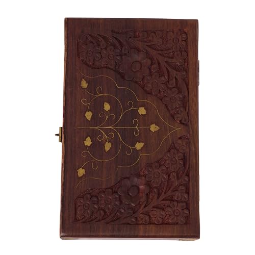 GURU JEE™ Indian Jewelry Holder Floral Carving Wooden Jewellery Box With Brass Inlay Wooden Trinket Box Wood Jewelry Organizer Keepsake Box Treasure Chest Trinket Holder Watch Box Storage Box 8x5x2.3 inch_Taj