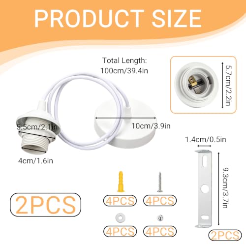 Pack of 2 100 cm E27 Lamp Suspension E27 White, Pendant Light Socket, Screw Ring, Adjustable Cable, Lamp Holder, Pendant Lamp, Ceiling Light for Lampshade, Living Room, Bedroom, Kitchen, Hallway