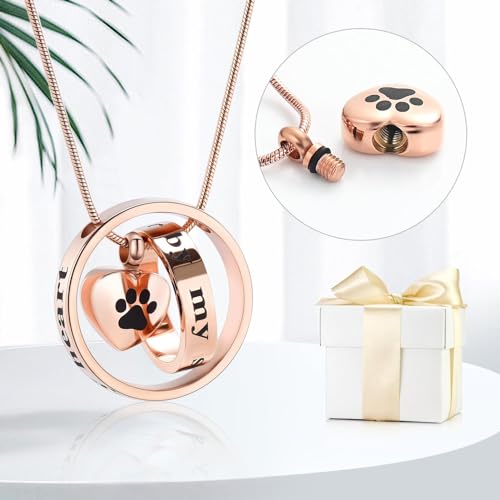 Paw Print Cremation Jewellery for Pet Ashes Urn Necklace for Cat/Dog Ashes Funeral Keepsake Urn Necklace Paw Print Memorial Necklace Forever in My Heart,No Longer by My Side Rose gold