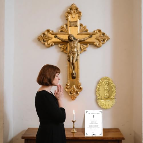 Holy Water Font Sacred Heart Catholic Decor - Holy Water Holder with Lord's Prayer Card Fuente De Agua Bendita for Wall, Altar, Home Entrance Gold