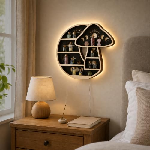 Crescent Moon Floating Shelf with LED Light, Whimsical Mushroom Wall Decor Mushroom & Moon With Led