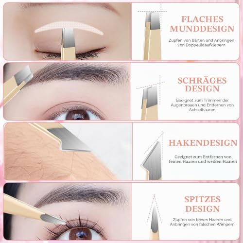 Set of 4 Stainless Steel Tweezers Set Mirror for Eyebrow Facial Hair | Stainless steel, ergonomic handle. 4 different tweezers for eyelashes, eyebrows, fine hairs, travel daily.
