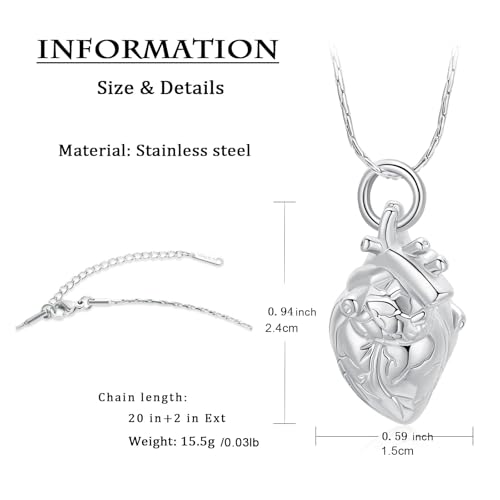 Cremation Memorial Jewellery 3D Anatomical Heart Urn Necklaces for Ashes for Men Women Stainless Steel Memory Keepsakes Urn Ash Pendant Silver