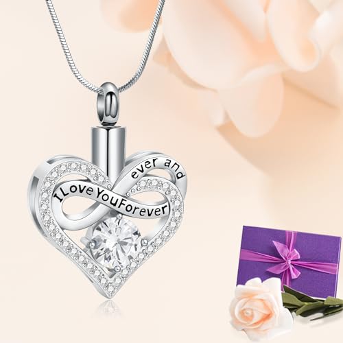 Minicremation Urn Necklace for Ashes Infinite Heart Urn Pendant I Love You Forever Cremation Pendant for Women Ashes Necklace Keepsake Memorial Ash Jewelry Silver-White