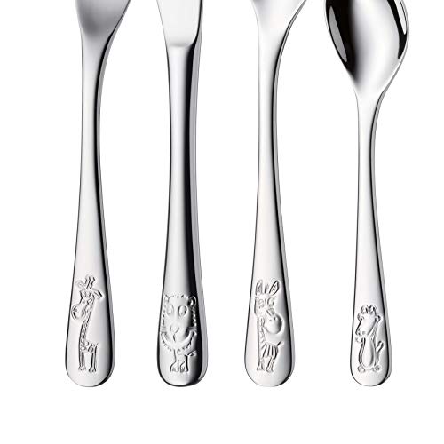 WMF Safari kids flatware set with four stainless steel utensils, including fork, knife, spoon, and teaspoon for children.
