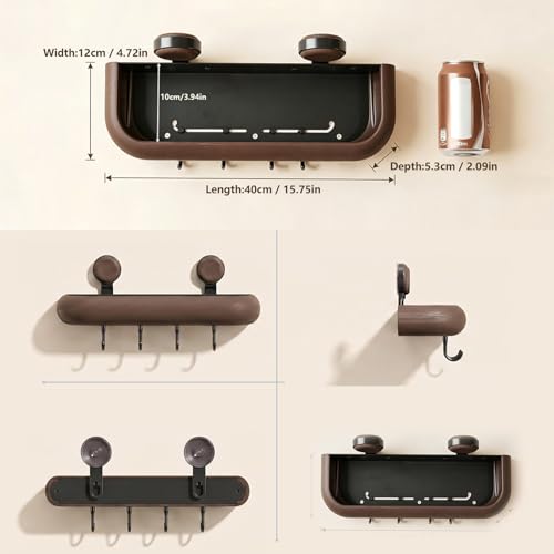 PureBox Shower Caddy Suction Cup Rust Proof Square Shelf 4 Removable Hooks