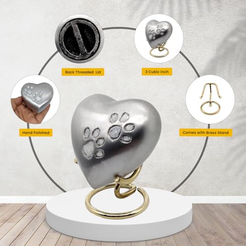 5MOONSUN5's Handcrafted Heart Urn Keepsake Cremation for Human Pet Ashes Engraved Heart Shaped for Adults & Infants Honor Your Loved One, Silver, Comes with Brass Stand & Premium Box