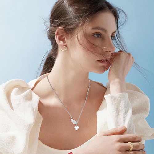 XIUDA Heart Urn Necklace for Ashes with Angel Wing Crystal Cremation Jewelry for Ashes Stainless Steel Memorial Ash Necklace for Women Ash Holder Silver