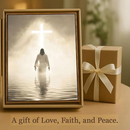 Jesus Walking on Water Canvas Wall Art - Modern Framed Christian Decor, Divine Light Toward Holy Cross, Spiritual Religious Pictures for Prayer Room, Church, Home Office (12x16in) Framed-2 16"L x 12"W