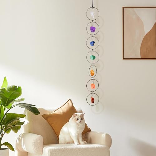 7 Chakra Wall Hanging Decor - Natural Raw Crystal Gemstone for Healing, Chakra Balancing, Meditation Gifts, Indoor Outdoor Spiritual Home Decoration (Silver Round) Silver Crystal Stone