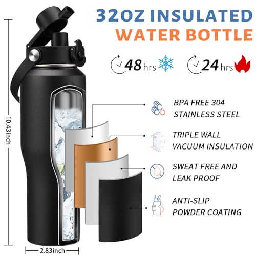 32 oz Insulated Water Bottle Fits Car Cup Holder with Straw Lid & Auto Lid Onyx Black 32 Ounces