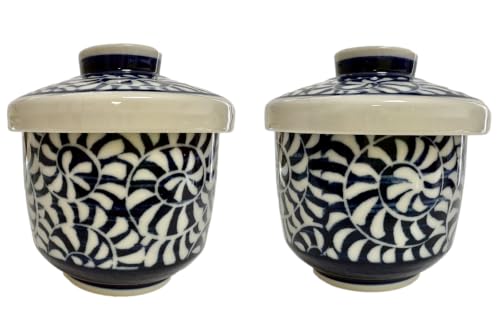 Japanese Porcelain Chawan-mushi Cups with Lid, 3.6 x 3.9 inches, 7.8 Fluid Ounces, Mino Ware Karakusa Arabesque pattern, Set of 2 TG16921 from Japan (Karakusa)