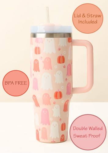 Halloween Tumbler with Lid and Straw Handle 40 oz Tumbler with Handle Insulated Stainless Steel Reusable Water Bottle Travel Mug for Water Hot Cold Iced Coffee Drinks (Pink White Ghosts) Pink White Ghosts