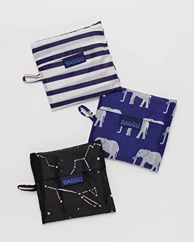 Set of three BAGGU reusable grocery bags featuring Amazon print designs, made from durable, eco-friendly fabric.