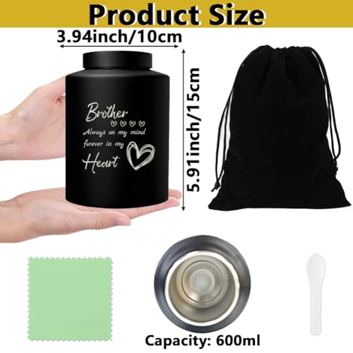 Brother Cremation Urn 5.9 x 3.9 Inch Black Large Stainless Steel Urns with Drawstring Bags Plastic Spoon Polishing Cloth Heart Cremation Human Ashes Keepsake for Memorial Funeral Decor
