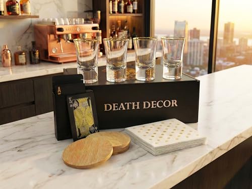 Gold Rim Shot Glass Gift Set, 4 Glasses, Cards, Coasters Gold