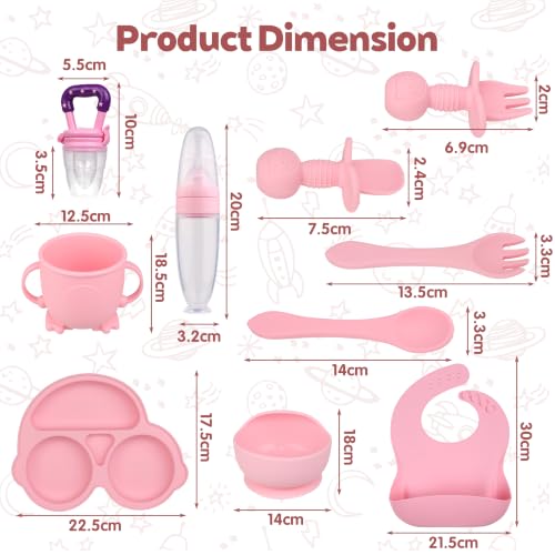 Silicone Baby Feeding Set,Miicasa Baby Led Weaning Supplies Kit With Suction Bowl & Car Plate, Bib, Spoon, Fork, Cup - Food-Grade Silicone, Dishwasher-Safe, No BPAs - For 3+ Months pinkbowlsets