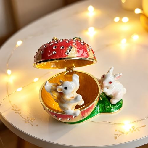 Apple Bunny Squirrel Jewelry Box Ring Necklace Earring Trinket Holder Hand Painted Rabbit & Squirrel Ornamental For Home & Office Decor Gift For Lady Friends Birthday Red