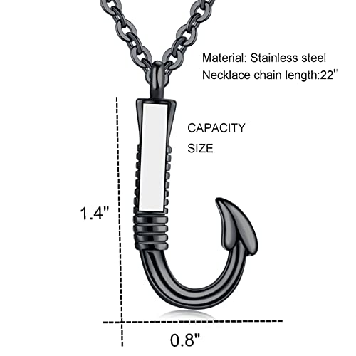 Fishing Hook Cremation Urn Necklace for Ashes, Keepsake Memorial Jewelry Black
