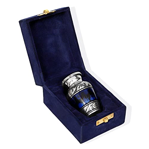 HLC Blue Hand Engraved Small Keepsake urn - Cremation Urn with 1 Velvet Box Bag, 3 cu.in Aluminium, Lovely Blue Pattern, Polished Finish, Decorative Urn