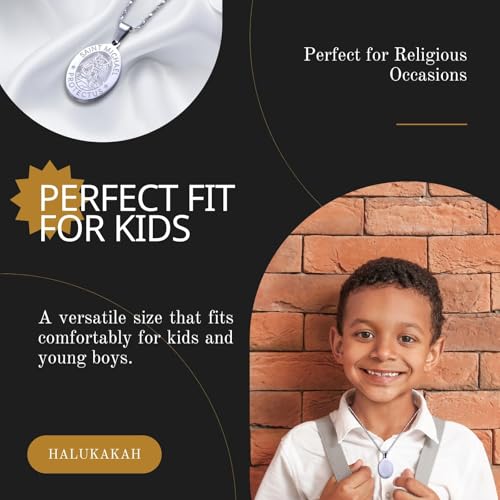 Halukakah 925 Sterling Silver Saint Michael Necklace Medal for Kids - Religious Jewelry Pendant Medallion with 18-Inch Chain - For Protection,Religious Occasions,Presents,Includes Bible Card & Giftbox