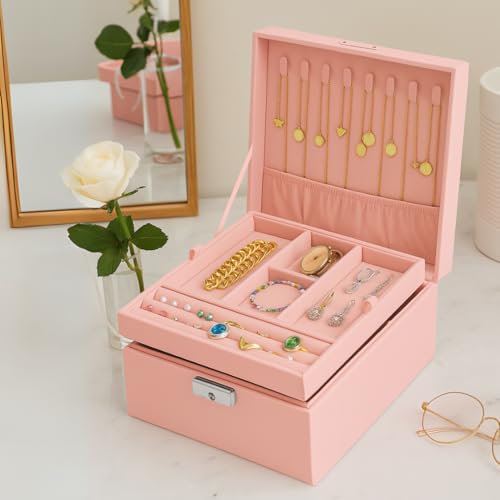 Prestige & Fancy 2 Layer Jewelry Box Organizer for Men, Women & Girls 8.5 x 7.5 x 3.3 in | PU Leather Pink Jewelry Storage Organizer | jewelry storage box for Rings, Necklace & Bracelets