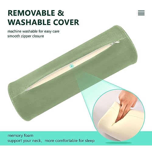 YETTASBIN Sage Green Solid Color Cylinder Round Pillow for Neck Pain Relief, Soft Breathable Bolster Travel Memory Foam Pillow with Removable Washable Cover for Bed Sleeping, Head, Legs and Back 5.5 x 17 Inch