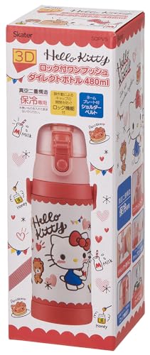 Skater SDPV5-A Children's Stainless Steel Water Bottle, Direct Drinking, 16.2 fl oz (480 ml), Kitty Snack Time, Kid-friendly Lightweight Type, For Girls, Cold Insulation, Sanrio, 3D Printed Hello Kitty Snack Time