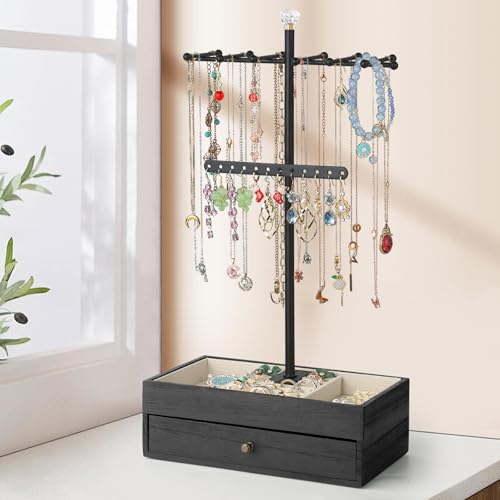 Meangood Jewelry Organizer Stand, 3-Tier Necklace Holder Jewelry Tree with Wooden Storage Drawer Box for Necklace Bracelet Earring Ring,Black Dark Black