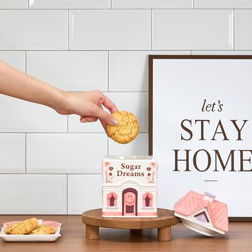 Bico Spice Cottages 7.5-Inch Pink Ceramic Cookie Jar, Hand-Painted House-Shaped Airtight Container for Cookies, Treats & Snacks