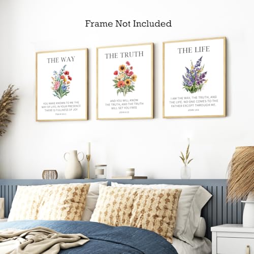 3Pcs Bible Verse Floral Poster,The Way The Truth The Life Scripture Posters Prints Wall Art for Home 11x14 Inch Unframed Bible Floral