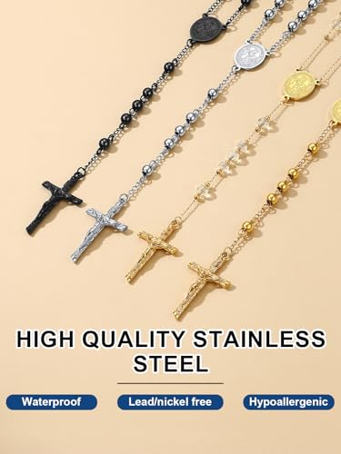 ChainsPro Cross Necklace with Rosary Beads, Crucifix Catholic Necklaces for Men Women, Stainless Steel Chain Prayer Jesus Gift Christian Jewellery 04. St Michael Gold