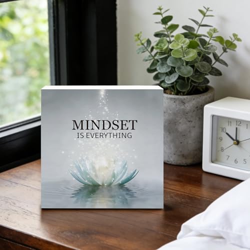 Mindset Is Everything Inspirational Wooden Box Sign 5x5 Inch, Lotus Flower Spiritual Meditation Decorative Wood Signs for Zen Room Yoga Studio Home Office Desk Tabletop Shelf Decorations Wooden Box Sign C