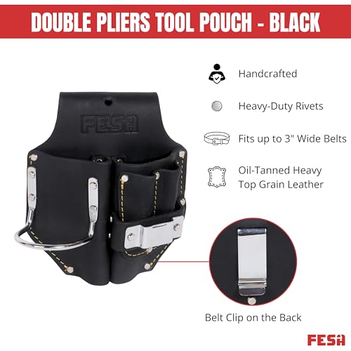 FESA black leather double plier holster with steel hammer holder, tape clip, and two pencil pockets