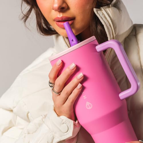 HydroJug Traveler 32oz, Insulated Tumbler with Handle & Straw, Pink Sugar