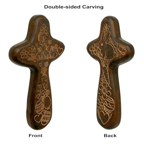 Goodangie00 Handcrafted Solid Wood Hand Held Pocket Stress Fidget Cross, Mini Double-sided Carved Bunny Egg Crucifix for Kids Adult Easter Gift, Christian Faith Prayer Easter Gift Idea Easter-Brown