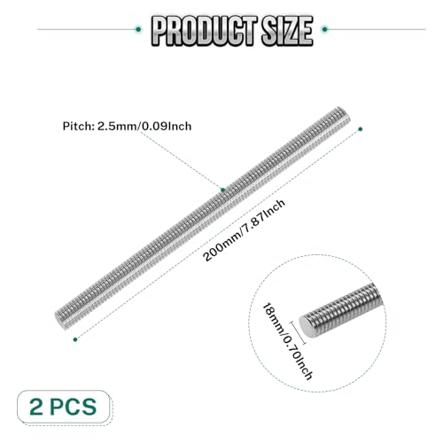 2Pcs Fully Threaded Rod & Studs, M18 x 200mm Long Threaded Screw, 2.5mm Thread Pitch, 304 Stainless Steel Right Hand Thread Bar Studs for Furniture Machinery Assembly