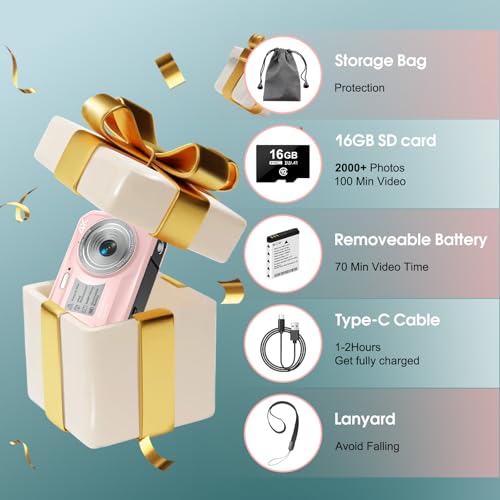 4K 64MP Underwater Camera Autofocus IPS HD Screen 16X Digital Zoom Fill Light, Floatable Waterproof Digital Camera, 16FT, Includes 16GB Card for Surfing Snorkeling Swimming, Pink