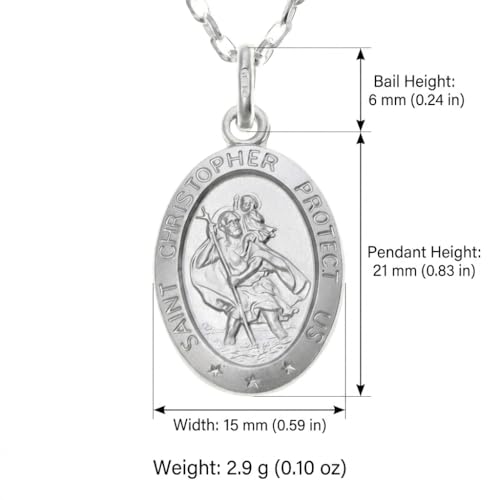 Alexander Castle 925 Sterling Silver St Christopher Pendant Necklace - Oval 21mm x 15mm with 18" Sterling Silver Chain & Jewellery Gift Box