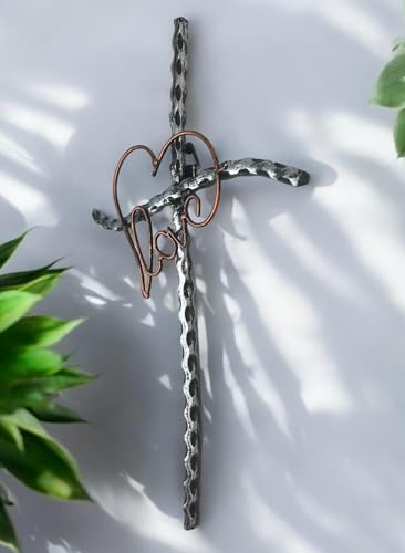 Top Brass Decorative Love/Heart Metal Wall Cross – Welded Wrought Iron with Rustic Copper and Silver Finish – Spiritual Art Sculpture – Weddings, Anniversaries, Valentines, I Love You Gift