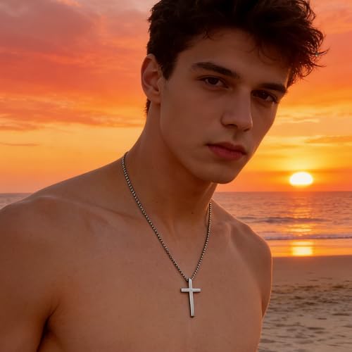 Silver Cross Necklace for Men and Boys, Cross Chain Pendant, Classic Christian Jewelry Gift for Son, Birthday, Father’s Day, Religious Confirmation and Baptism