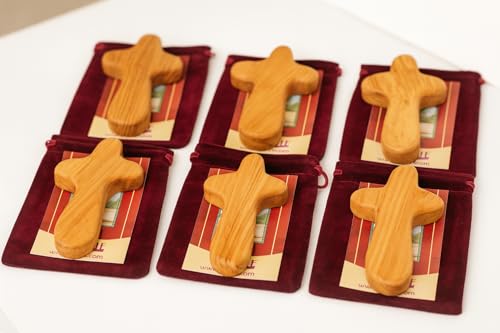 Zuluf Set of 6 Palm Size Olive Wood Crosses 4.2" (10.7cm) – Baptism Cross for Men, Christian Religious Keepsake, Small Catholic Wood Gift for Men and Women CRS133 6 Large with Velvet
