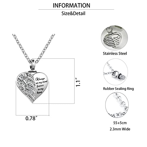 Guardian Angel Wings Cremation Jewelry for Ashes Heart Crystal Urn Necklaces for Ashes Memorial Keepsake Necklace Always on Mind Forever in My Heart Grandma