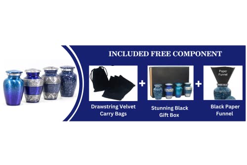 Blue Small Urns for Human Ashes Female Male | Set of 4 Premium Mini Keepsake Urns with Four Velvet Bags A Paper Funnel and A Stunning Magnet Closer Gift Box Blue