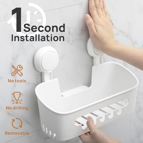 LEVERLOC Shower Caddy Suction Cup 2 Pack, Shower Organizer Removable Bathroom Shelf, Storage Suction Powerful Max Hold 22lbs Bathroom Caddy Waterproof Holder, White